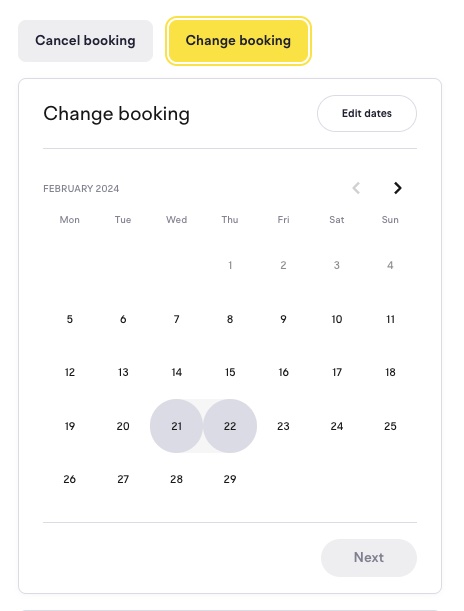 The booking page with the Change booking tab selected, showing a calendar and an Edit dates button