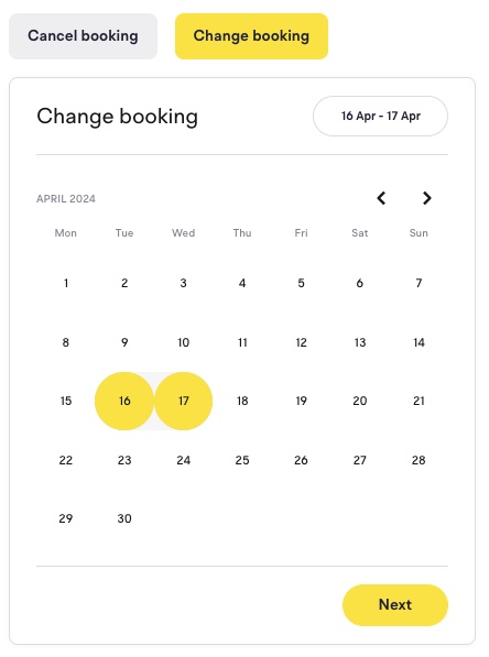 Change booking calendar with the current dates, 16 to 17 April, selected