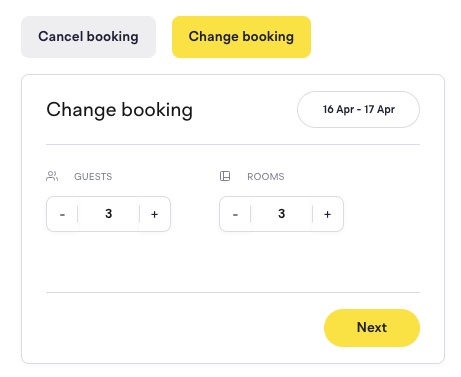 Change booking step with Guests and Rooms counters both set to 3 and a Next button