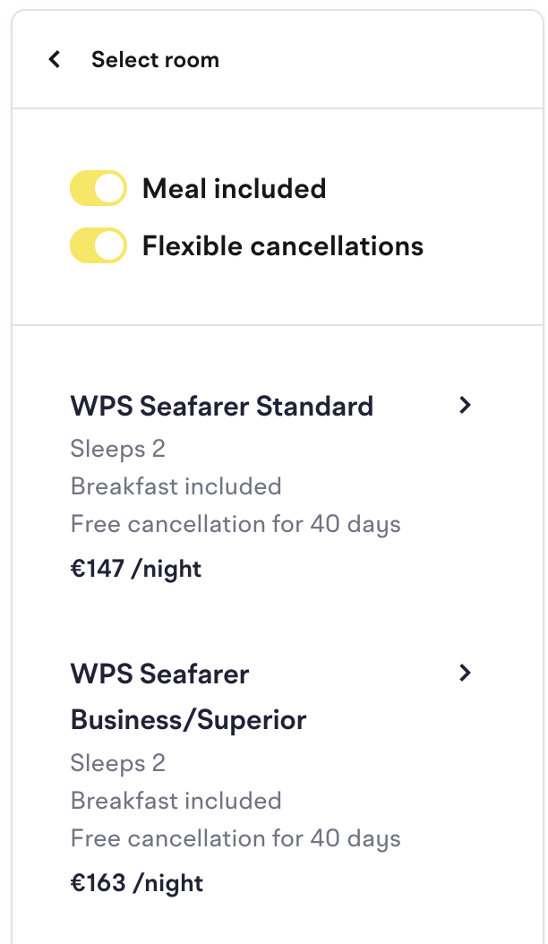 Select room list with the Meal included and Flexible cancellations toggles on, showing WPS Seafarer Standard at €147 per night and WPS Seafarer Business/Superior at €163 per night, both with breakfast included and free cancellation for 40 days