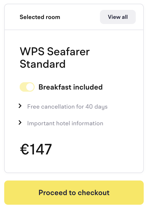 Selected room card showing WPS Seafarer Standard at €147 with breakfast included and free cancellation for 40 days, above a Proceed to checkout button